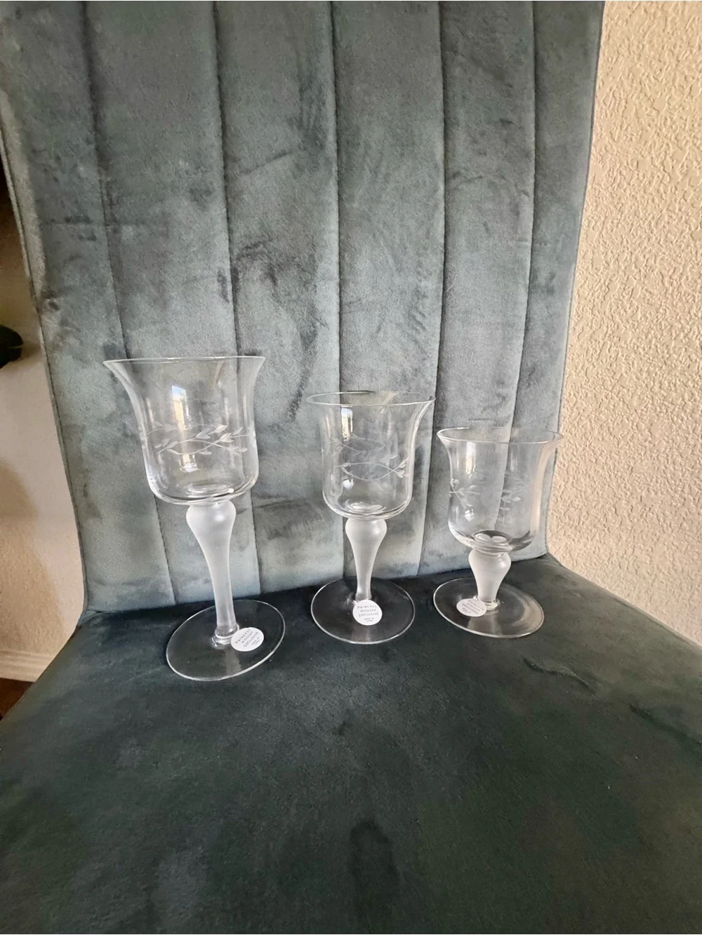 Princess House Clear Etched Crystal Wine Glasses with Frosted Stems